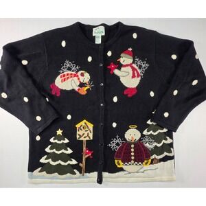 The Quacker Factory All over Print Snowman Cardigan Sweater Women's 1X Black